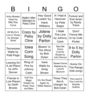 Country and Folk Song Bingo Card