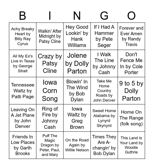 Country and Folk Song Bingo Card