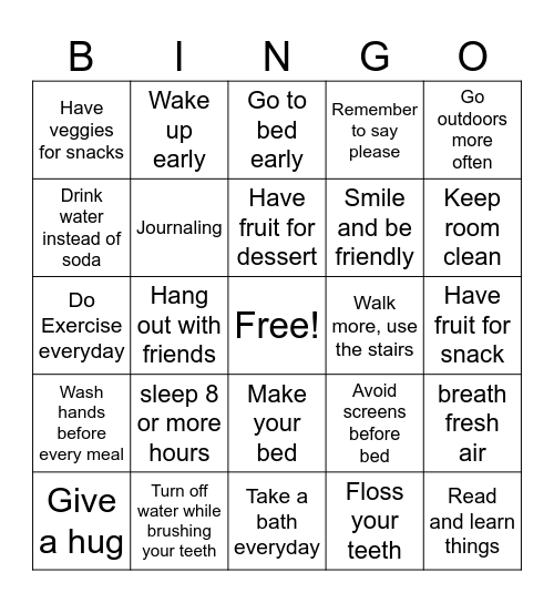 Building Healthy Habits Bingo Card