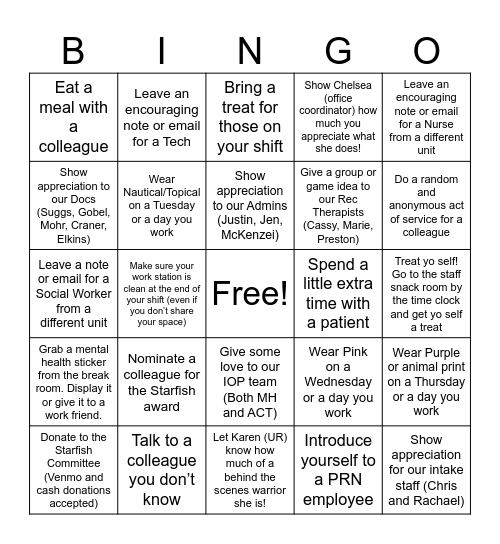 Starfish Summer Picnic BINGO Card