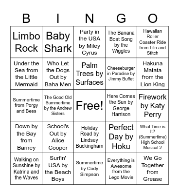 Summer Playlist Bingo Card