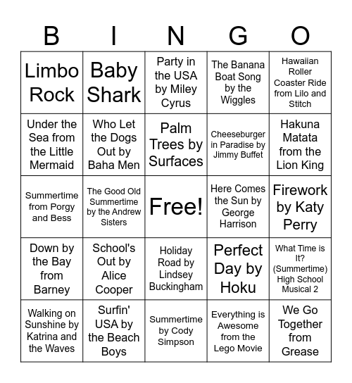 Summer Playlist Bingo Card