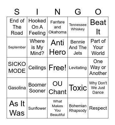 Start Sooner Singo Bingo Card