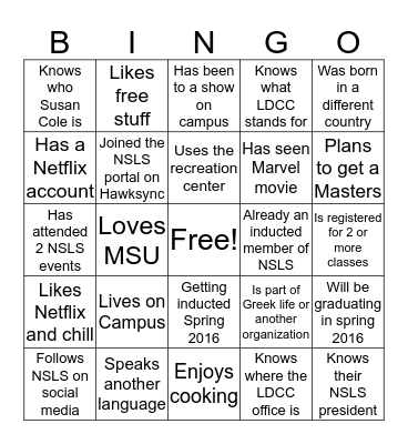 NSLS Bingo Card