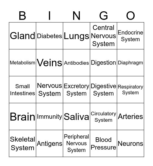 Body System Bingo Card