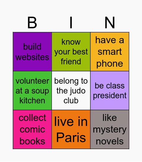 Experiences Bingo Card