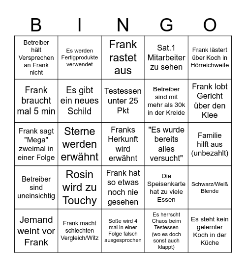 Rosins Resturants Bingo Card