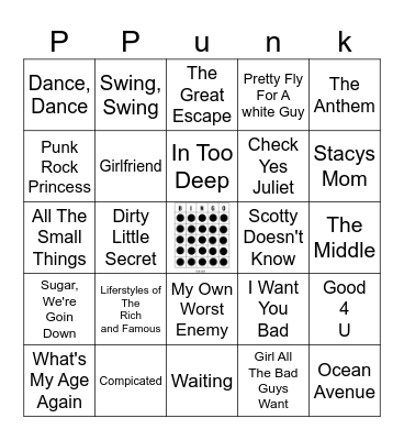 Pop Punk Bingo Card