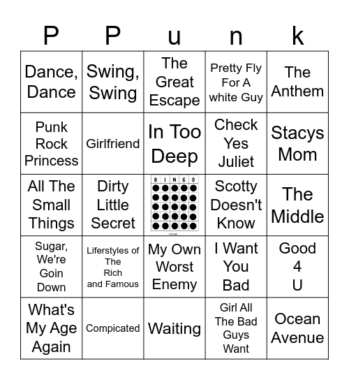 Pop Punk Bingo Card