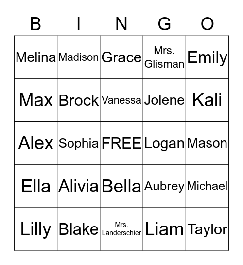 Valentine Names Bingo Card