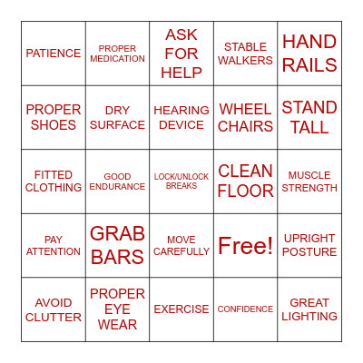 Fall Prevention BINGO Card