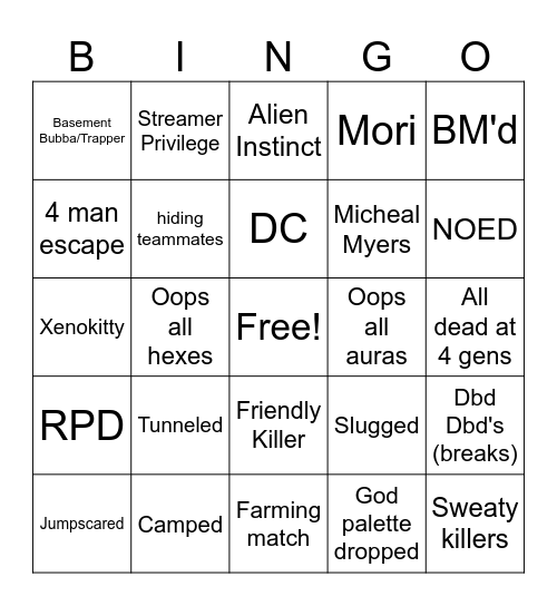 DBD Bingo Card