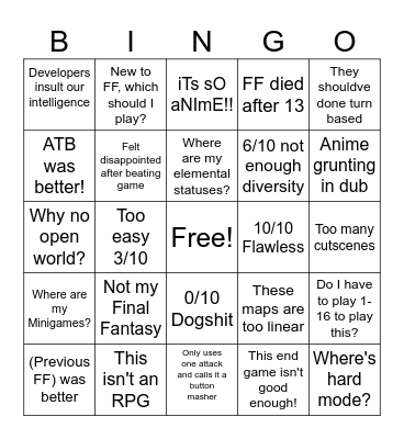 Next Major FF Release Bingo Card