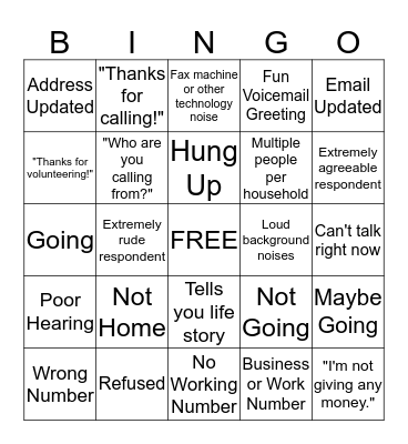 Event (General) Phone Bank Bingo Card