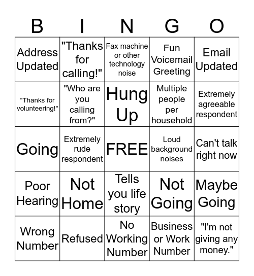 Event (General) Phone Bank Bingo Card