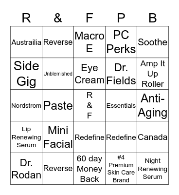 Rodan & Fields Party Bingo Card