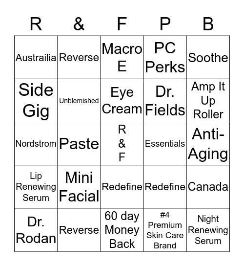 Rodan & Fields Party Bingo Card