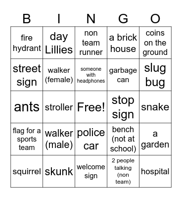 Running Course Bingo Card