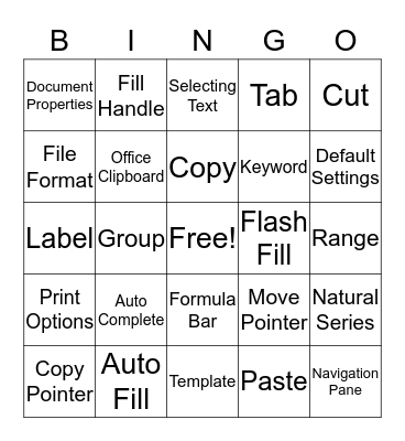 Excel Lesson 2 & 3 Vocabulary Bingo Card