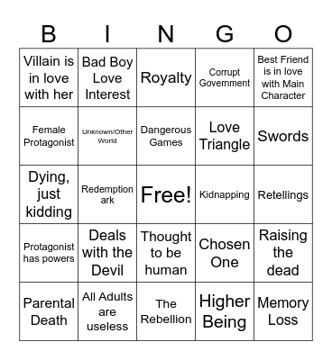 YA Fantasy Bingo Card