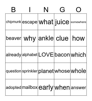 List 20 Bingo Card