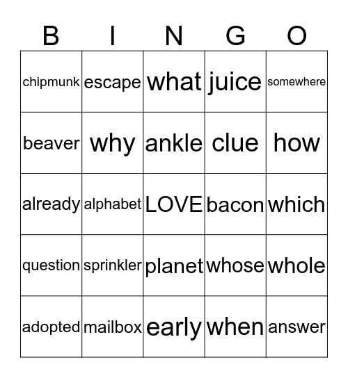 List 20 Bingo Card