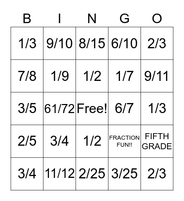 Simplified Fraction Bingo Card