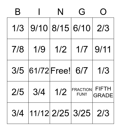 Simplified Fraction Bingo Card