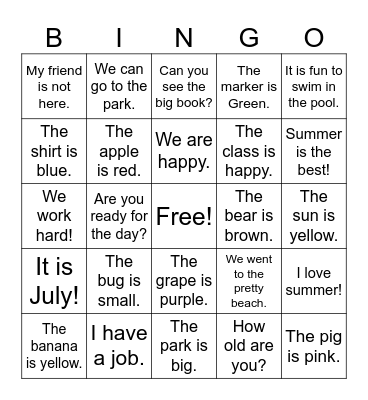 Simple Sentence Bingo Card