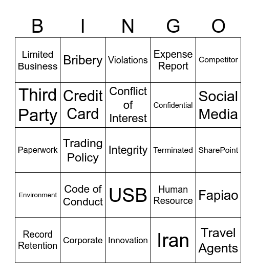 Emerson Ethics Bingo Card