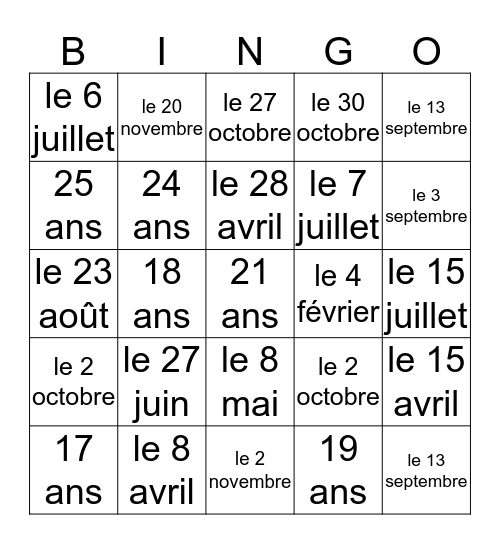 Français 1010 module 2 - Quel âge as-tu? C'est quand ton anniversaire?  Bingo Card