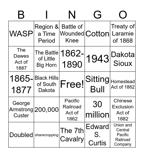 WESTWARD EXPANSION Bingo Card