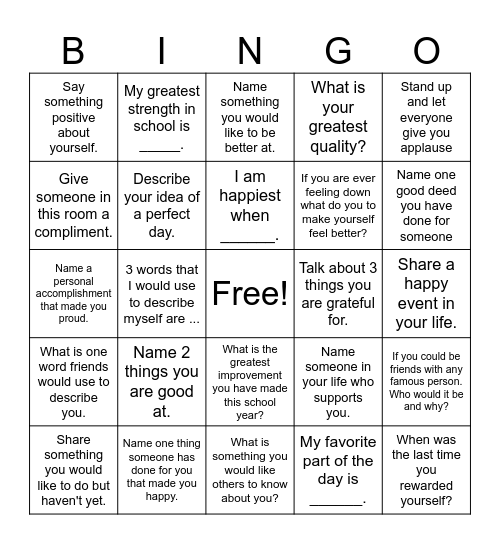 Self-Esteem Bingo! Bingo Card