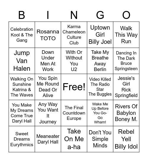 80's NIGHT Bingo Card