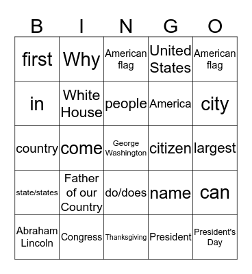 Citizenship Reading Vocabulary Bingo Card