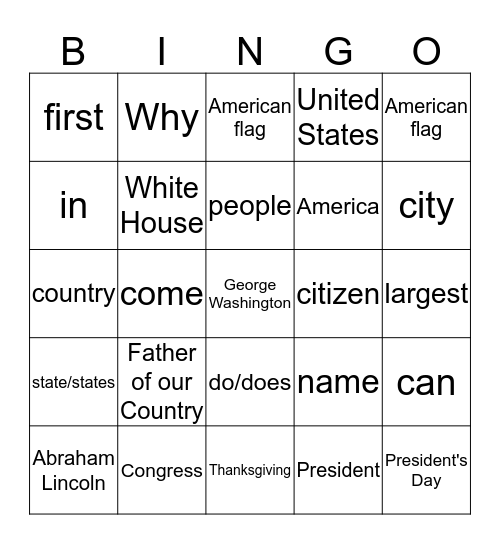 Citizenship Reading Vocabulary Bingo Card