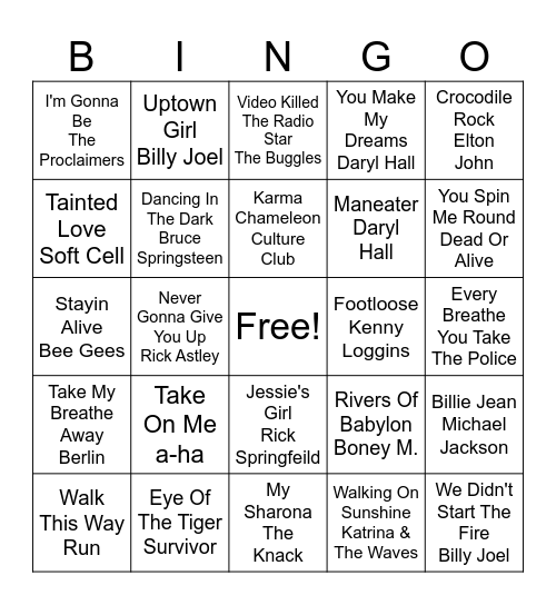 ALL OUT 80'S Bingo Card