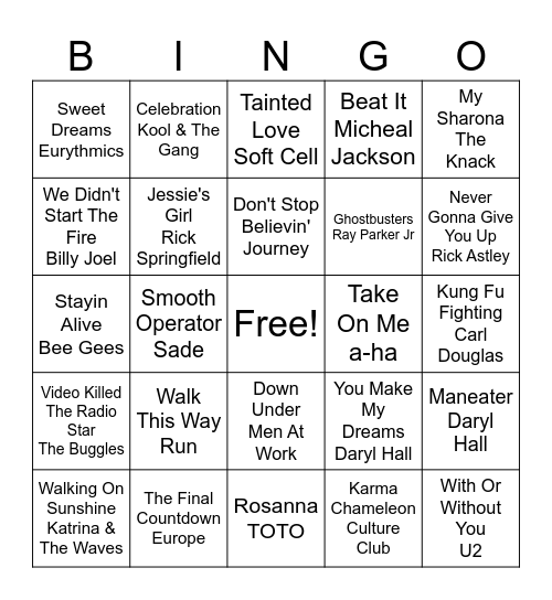 ALL OUT 80'S Bingo Card