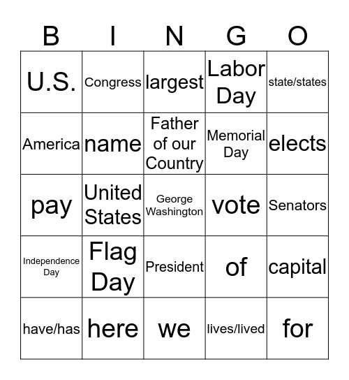 Citizenship Reading Vocabulary Bingo Card