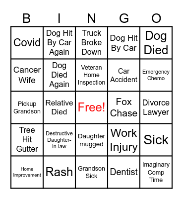 Calling Out Of Work Bingo Card