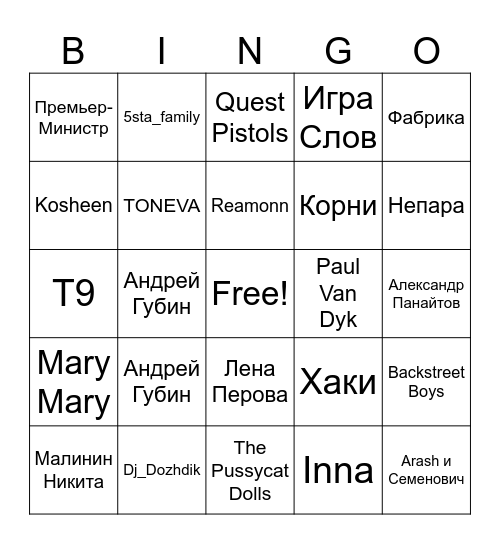 Музыкальное бинго Bingo Card