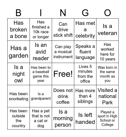 Get to Know Your Coworker Bingo Card