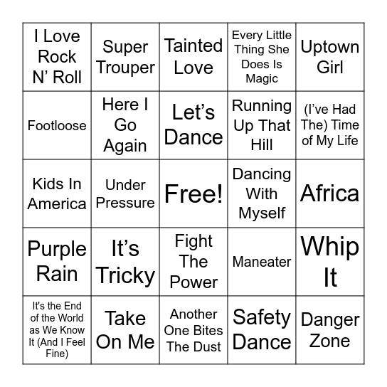 Music Bingo: 80s Edition Bingo Card