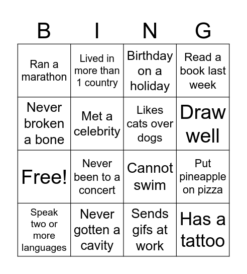 Icebreaker Bingo Card