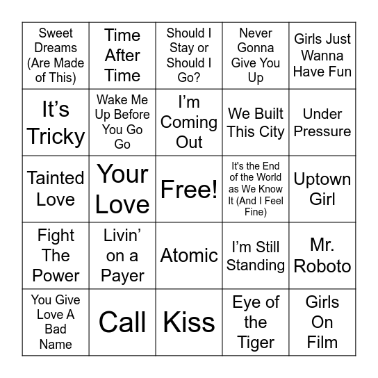 Music Bingo: 80s Edition Bingo Card