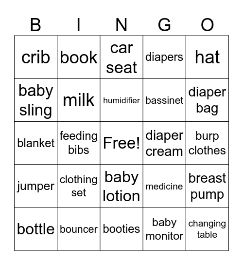 Bady Shower Bingo Card