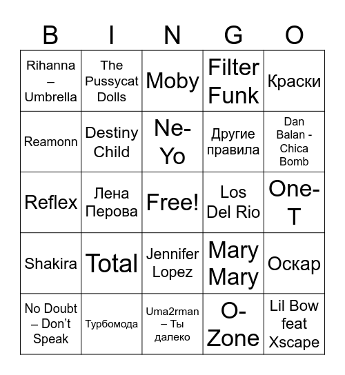 Музыкальное бингоооооо! Слушай,пой,танцуй,обводи исполнителей и выигрывай! Bingo Card