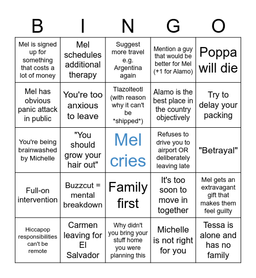 Mel's California Vacation!!!! Bingo Card
