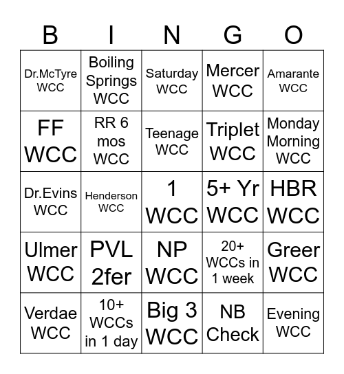 WCC Bingo Card
