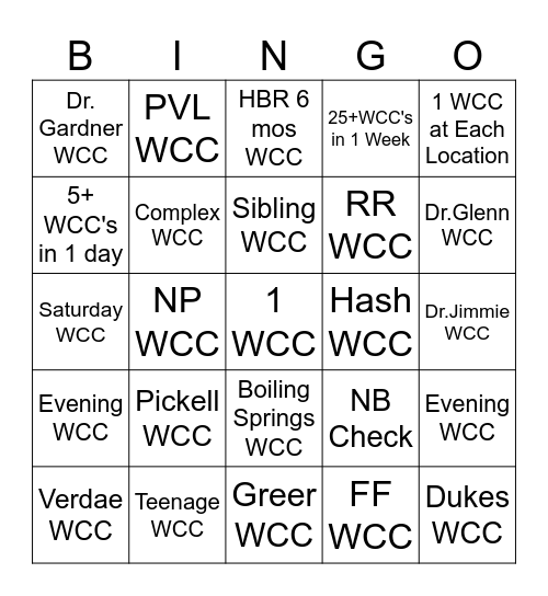 WCC Bingo Week 2 Bingo Card